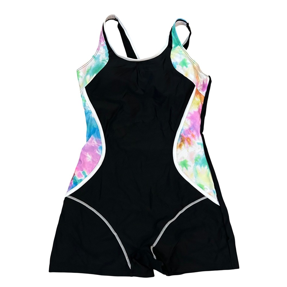 Womens One Piece Black Tie Dye Athletic Modest Swimsuit M Medium NWOT Sporty